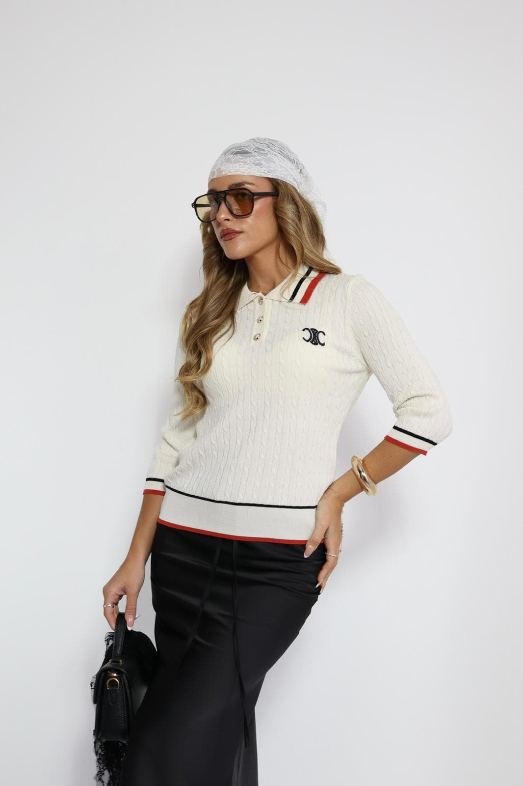Cable Knit Polo Top — Cream